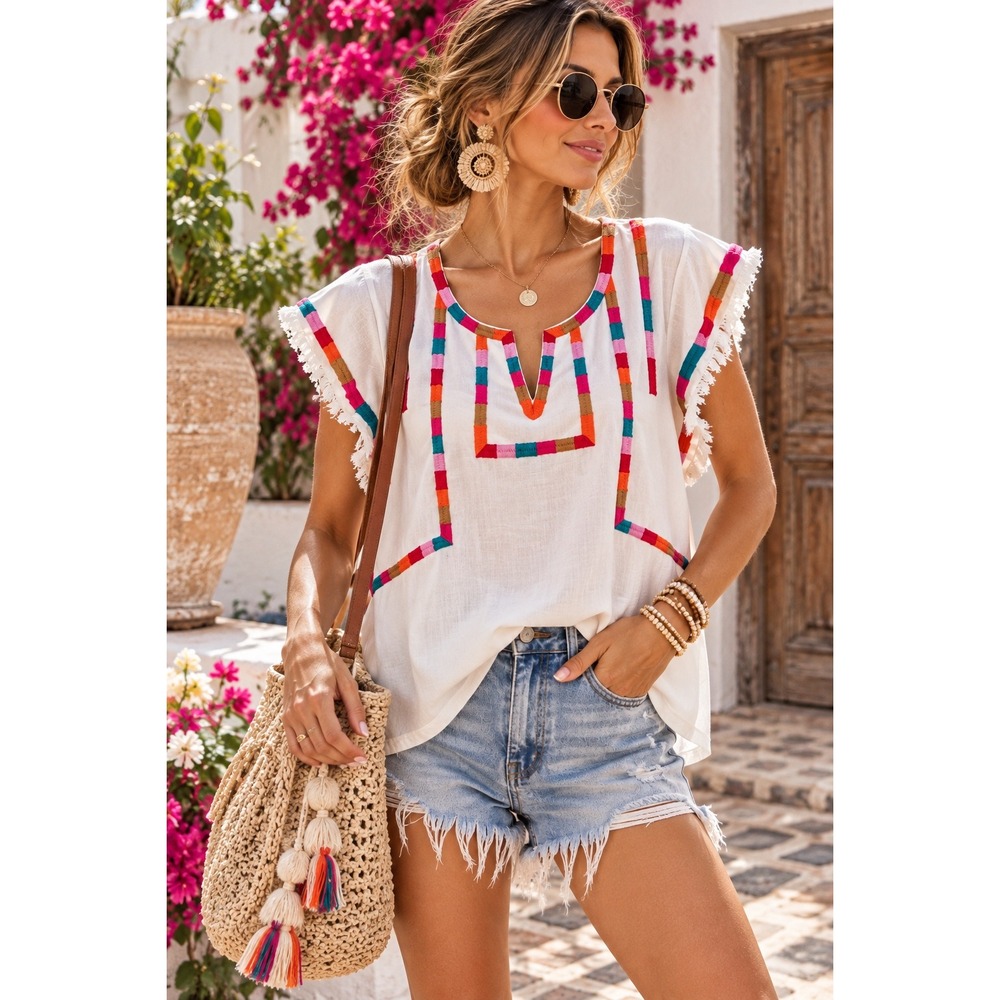 THML Womens White Embroidered Split Neck Short Sleeve Blouse Large